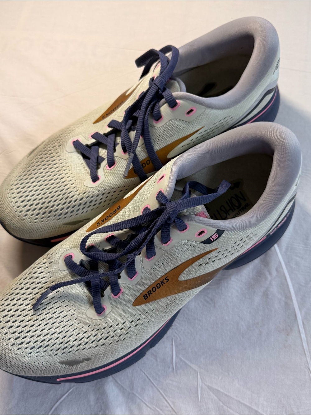 Brooks Women's Ghost 15 Athletic Running Shoes - White, Gold, Pink & Navy